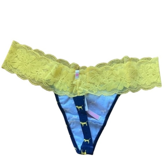 Victoria’s Secret Pink Yellow Lace Dog Print Thong Medium - Picture 2 of 5